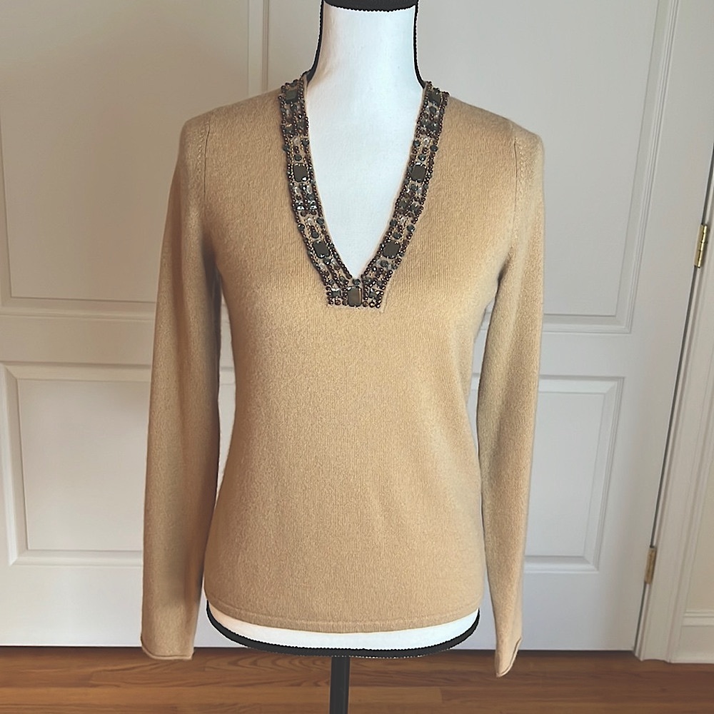White + Warren NEW pure cashmere hand beaded sweater